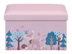 Pink storage ottoman with a forest animal design featuring a deer, hedgehog, and owl.