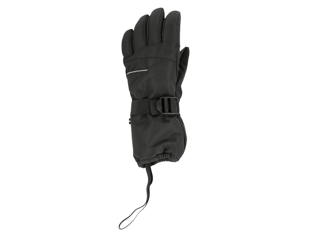 Men's black ski glove with adjustable wrist strap and drawstring cuff