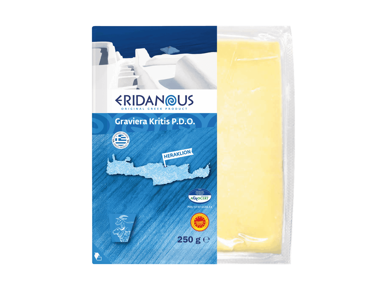 Fromage Graviera Kritis A.O.P. de 250g, produit grec original, avec carte de Crète.