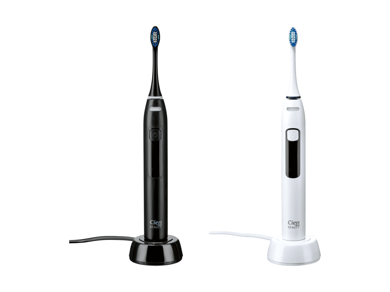 Deux brosses à dents électriques Cien Beauty, une noire et une blanche, avec leurs bases de recharge.