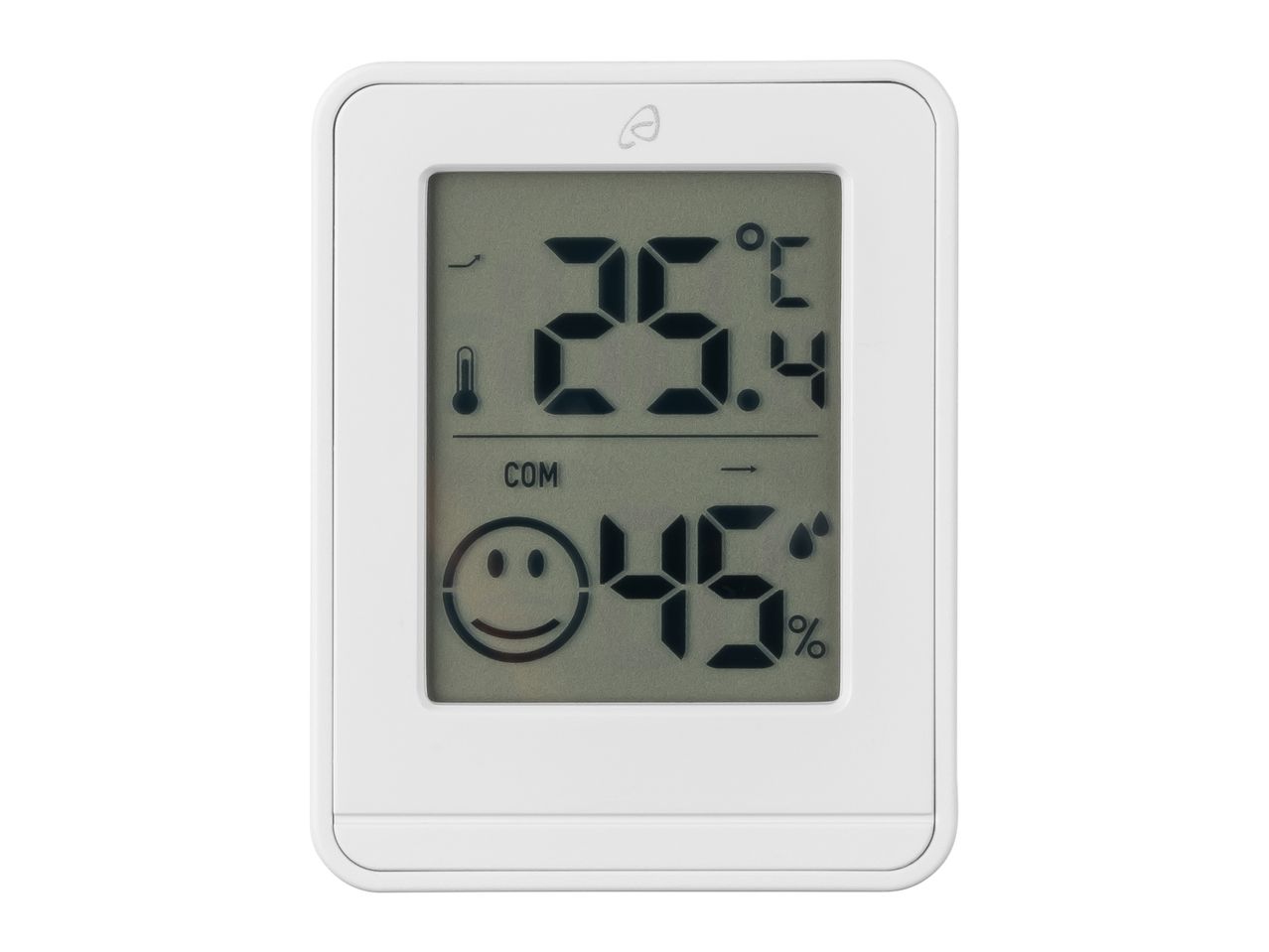 Un igrometro digitale bianco mostra temperatura e umidità.