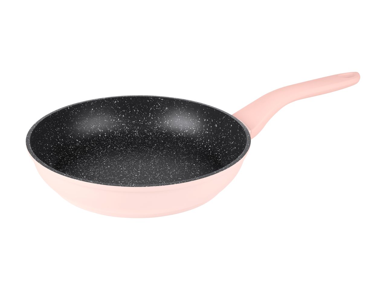 En lyserød stegepande med en sort, plettet non-stick belægning.