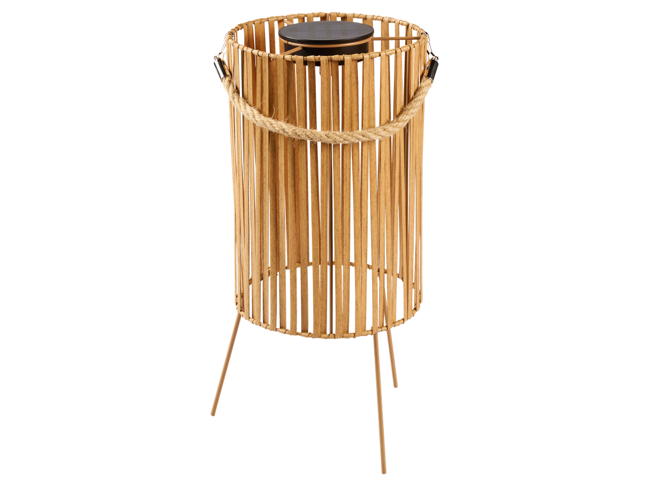 Lanterna solar LED LIVARNO de bambu com pega de corda e três pernas.