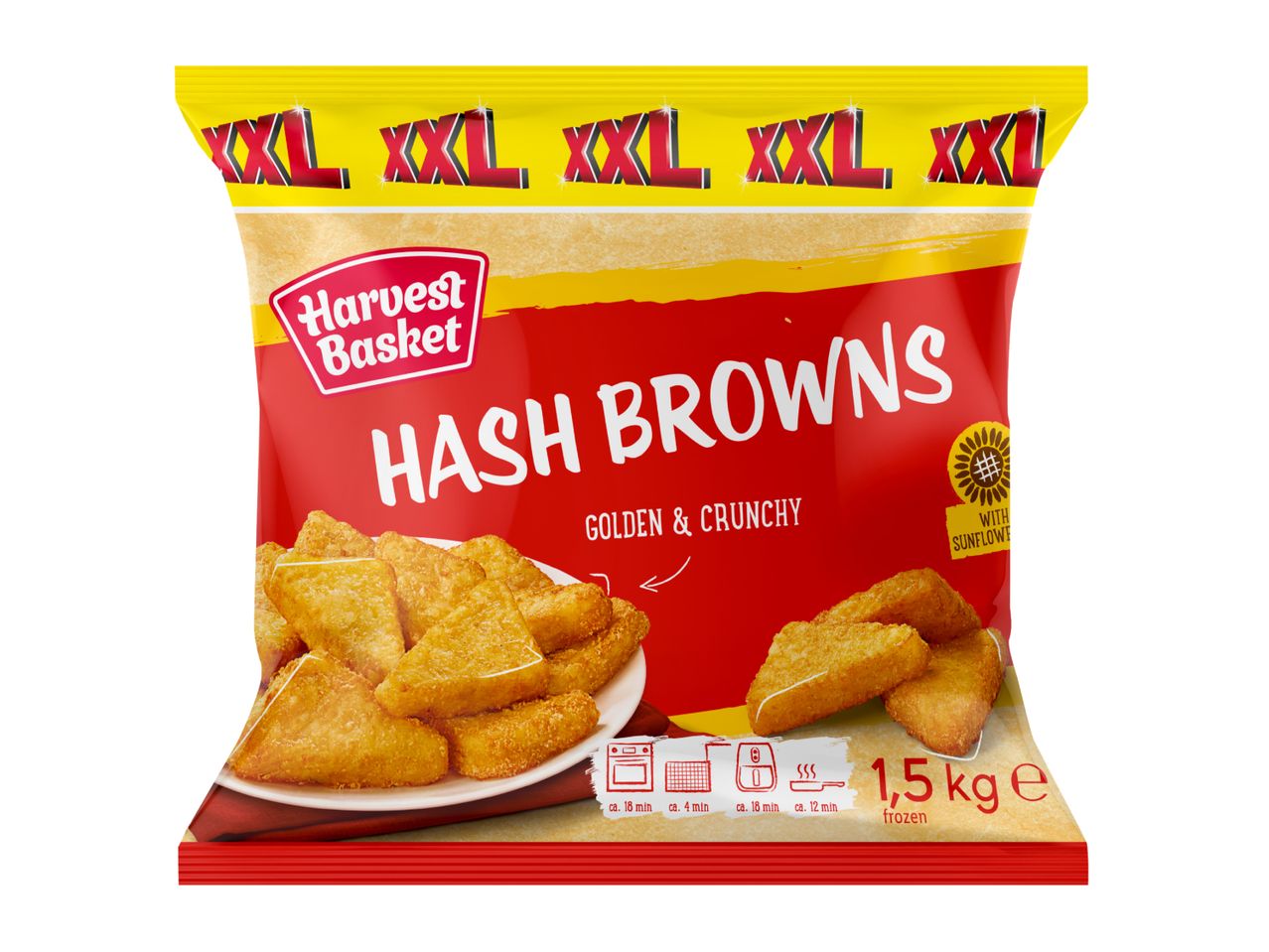 XXL frozen hash browns, golden and crunchy, with sunflower oil, 1.5 kg.