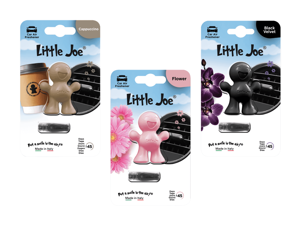 Trois désodorisants de voiture en forme de bonhomme, aux parfums cappuccino, fleur et velours noir, durée 45 jours.