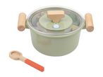 Toy cooking pot with a clear lid, wooden handles, and a wooden spoon with an orange handle.