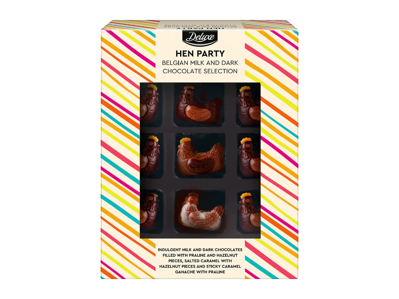Hen Party Belgian milk and dark chocolate selection with praline and caramel fillings.