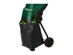 Green garden shredder with a black collection bag full of green leaves, on wheels.