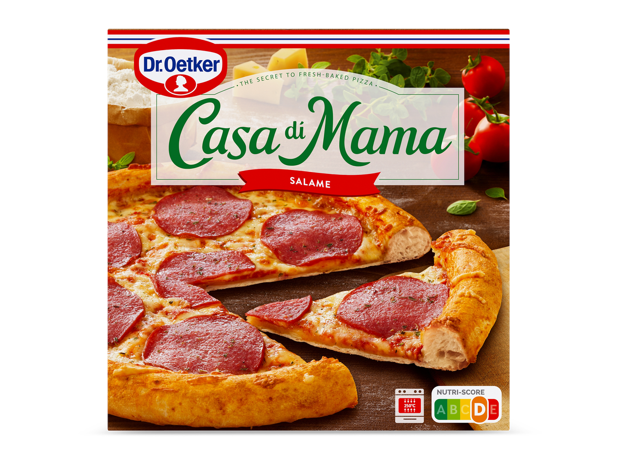 Een pizza met salami en een Nutri-Score A, met de tekst 'Casa di Mama Salame'.