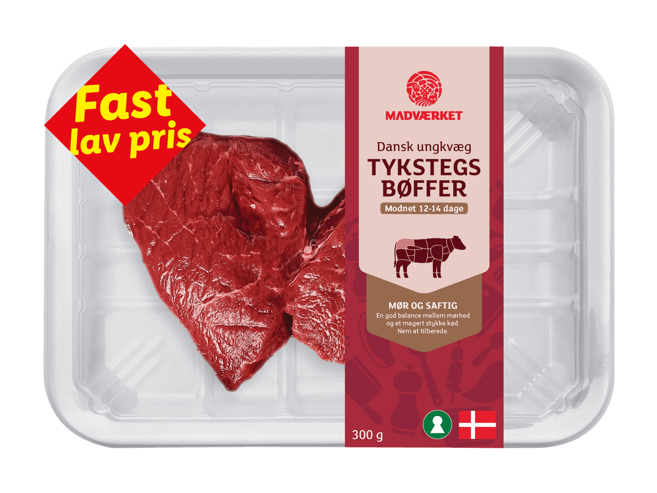 Pakke med oksekød, tykstegsbøffer, mærket 'Fast lav pris' og 'Mør og saftig', 300g.