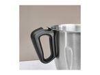 Close-up of a stainless steel blender jug with a black handle