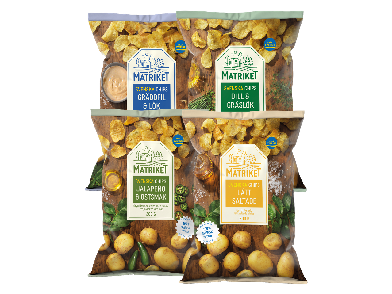 Fyra påsar svenska chips i smakerna gräddfil & lök, dill & gräslök, jalapeño & ostsmak, och lättsaltade.