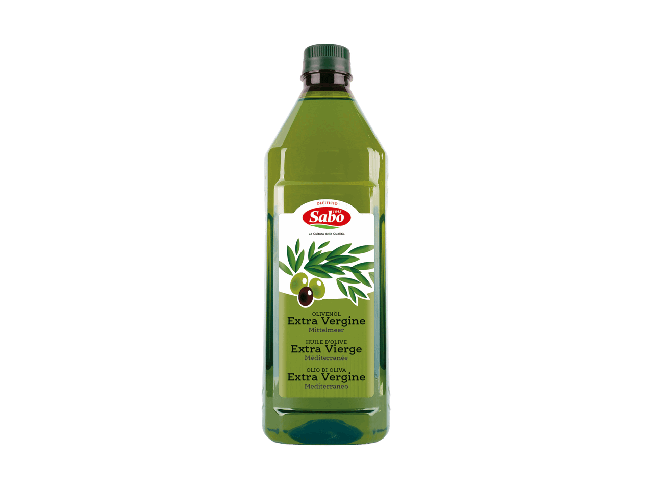Eine Flasche Sabo Olivenöl Extra Vergine.