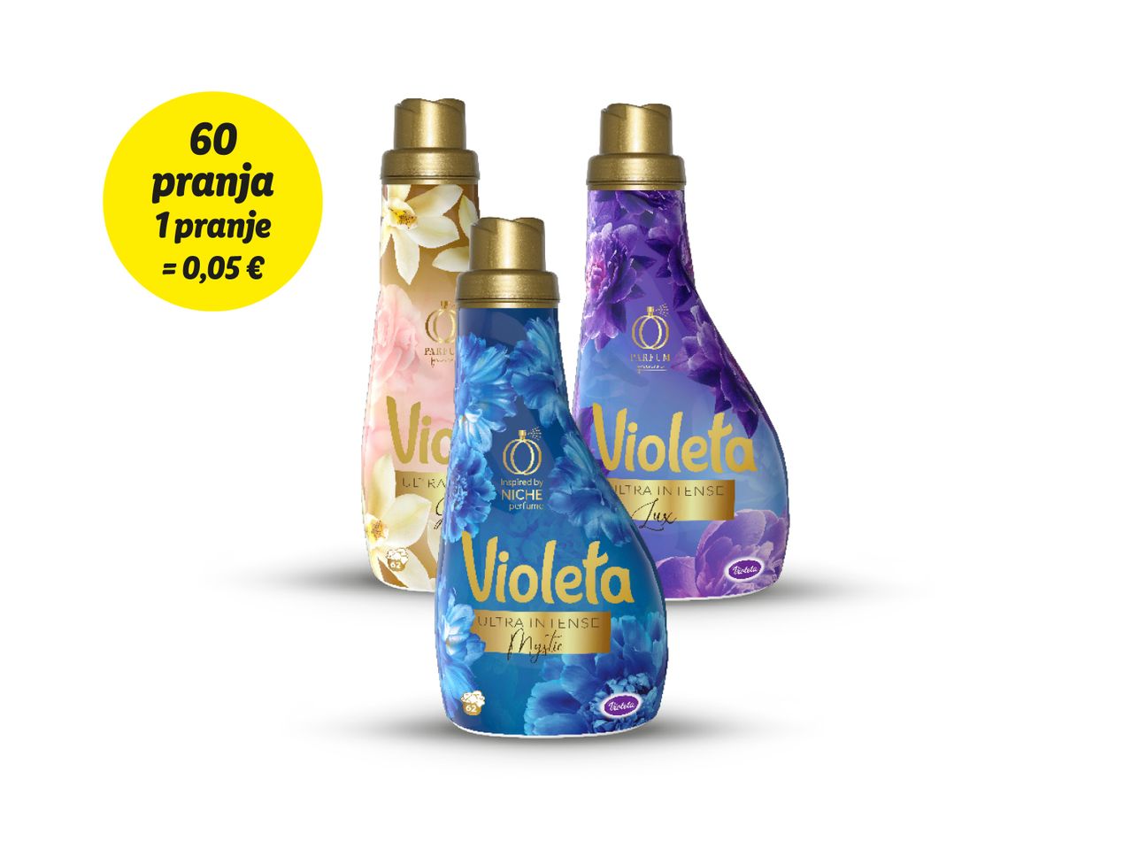 Tri boce Violeta omekšivača za rublje s cvjetnim motivima i informacijama o cijeni po pranju.