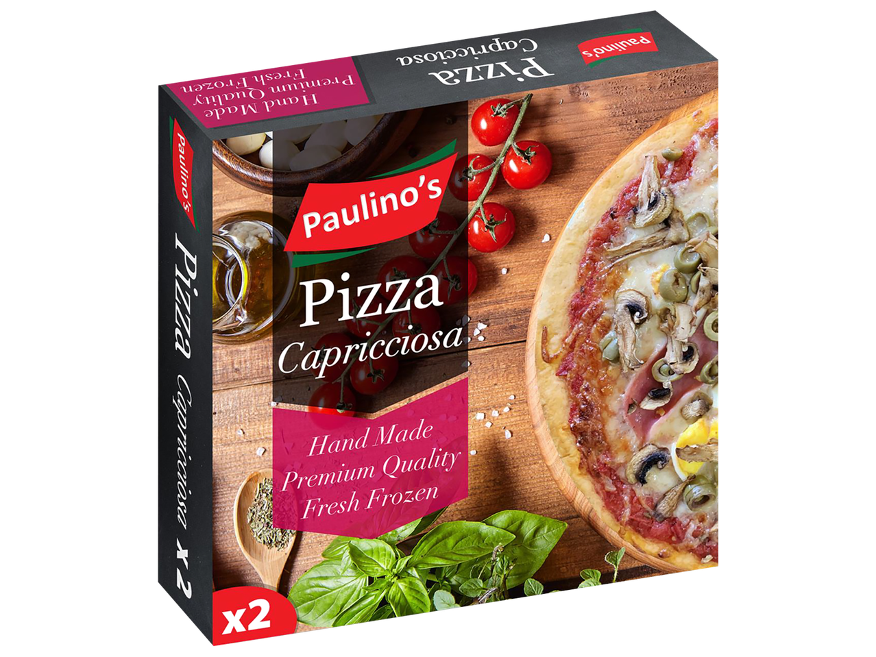 Paulino's Pizza Capricciosa, a frozen pizza box with fresh ingredients displayed