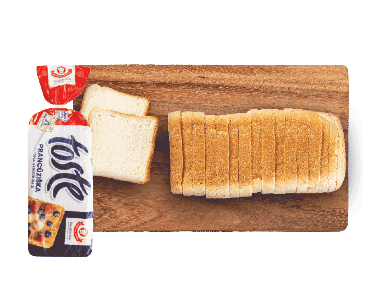 Pjaustyta prancūziška duona „Toste“ ant medinės lentos.