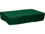 O prelată dreptunghiulară verde închis acoperă o piesă de mobilier de grădină.