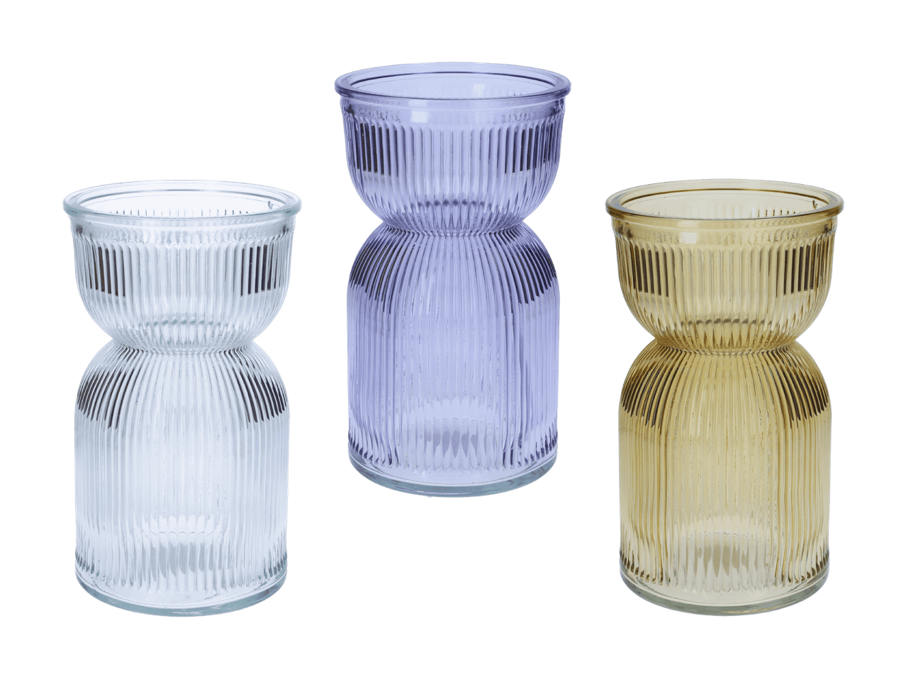 Trois vases en verre cannelé de couleurs claire, violette et ambrée.