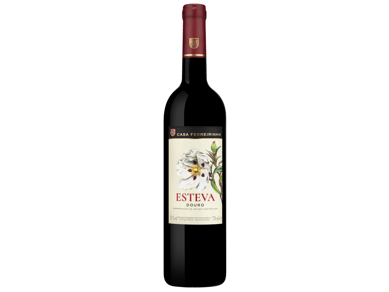 Garrafa de vinho tinto Casa Ferreirinha Esteva Douro com rótulo floral.