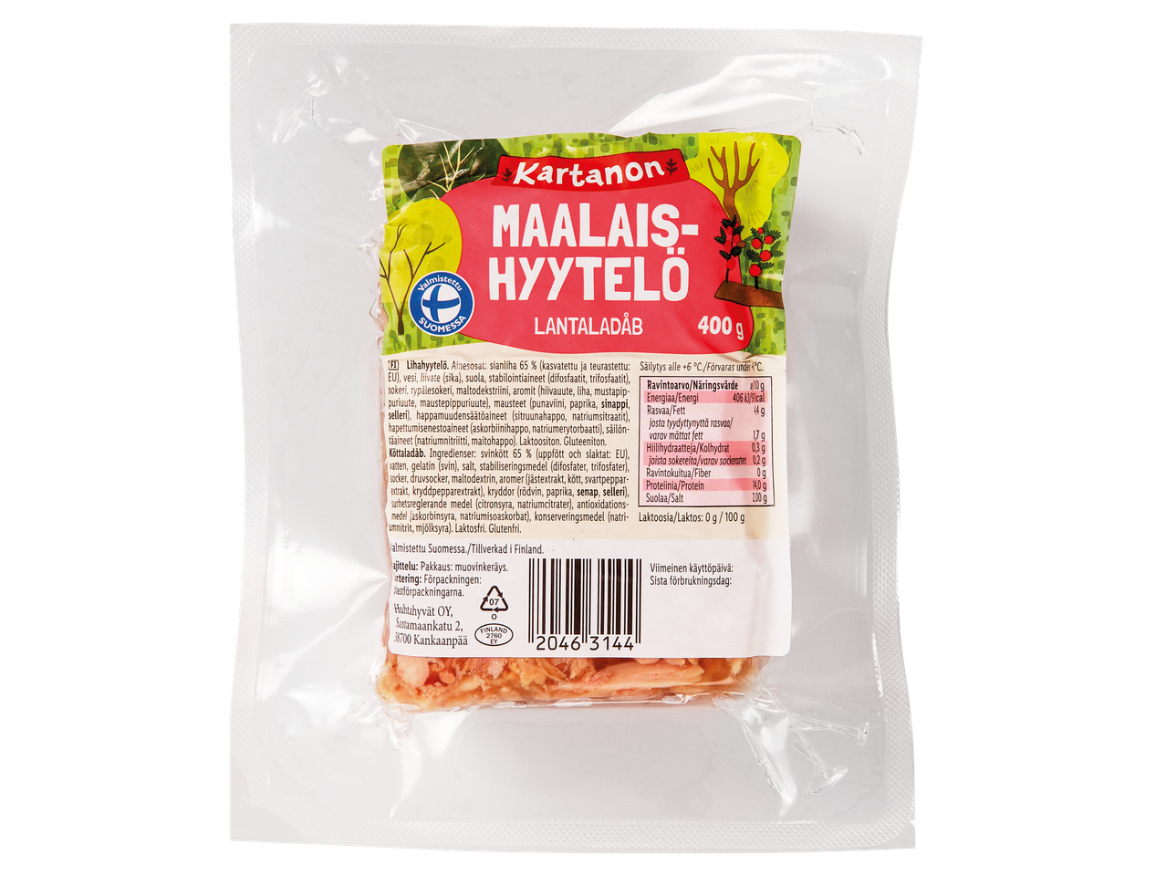 En förpackning med Kartanon Maalais-Hyytelö (lantpaté) med en vikt på 400 g.