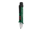 Green and black non-contact voltage tester with two red buttons and a clear tip.