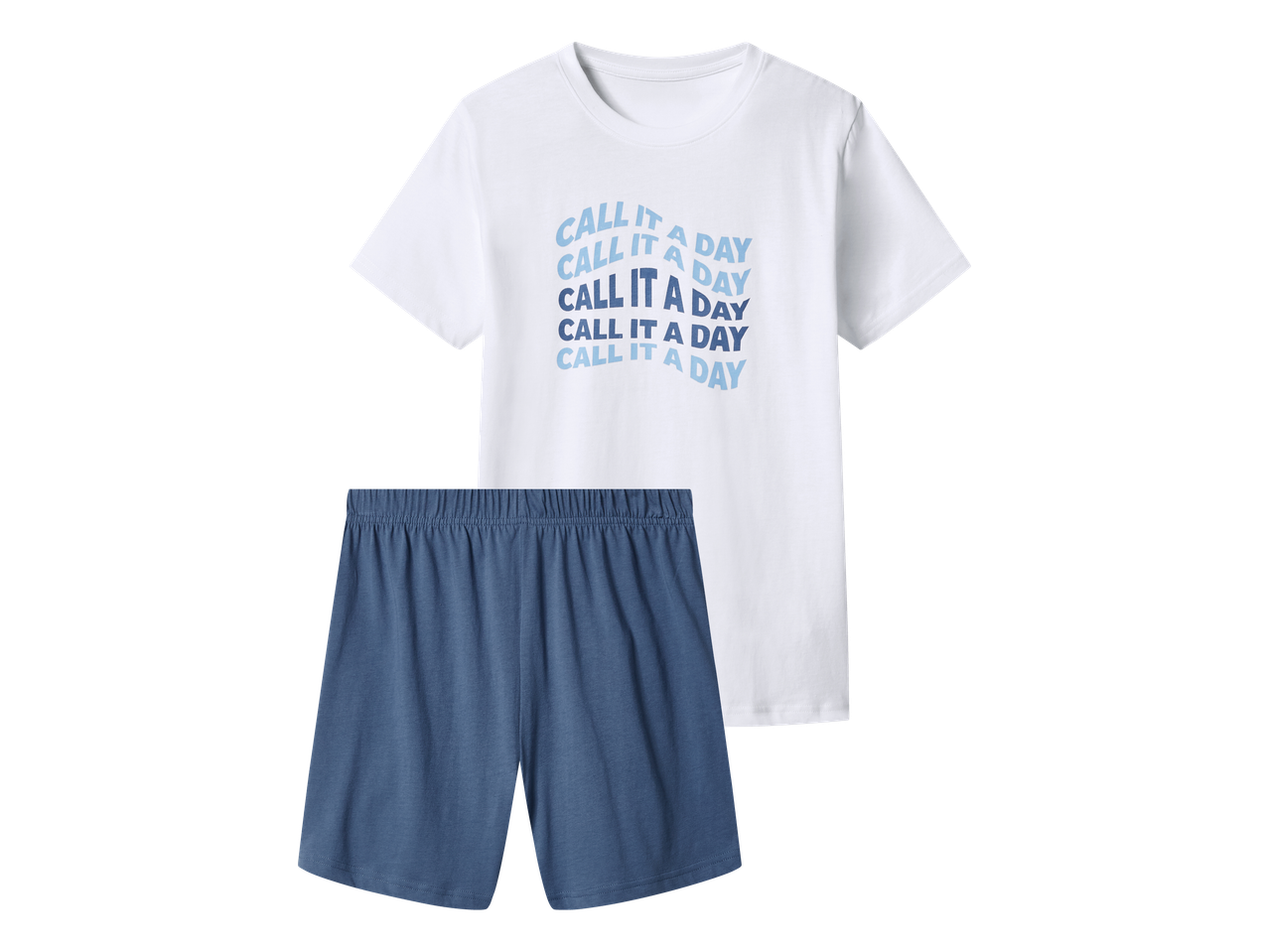 Bijela majica kratkih rukava s natpisom 'CALL IT A DAY' i plave kratke hlače.