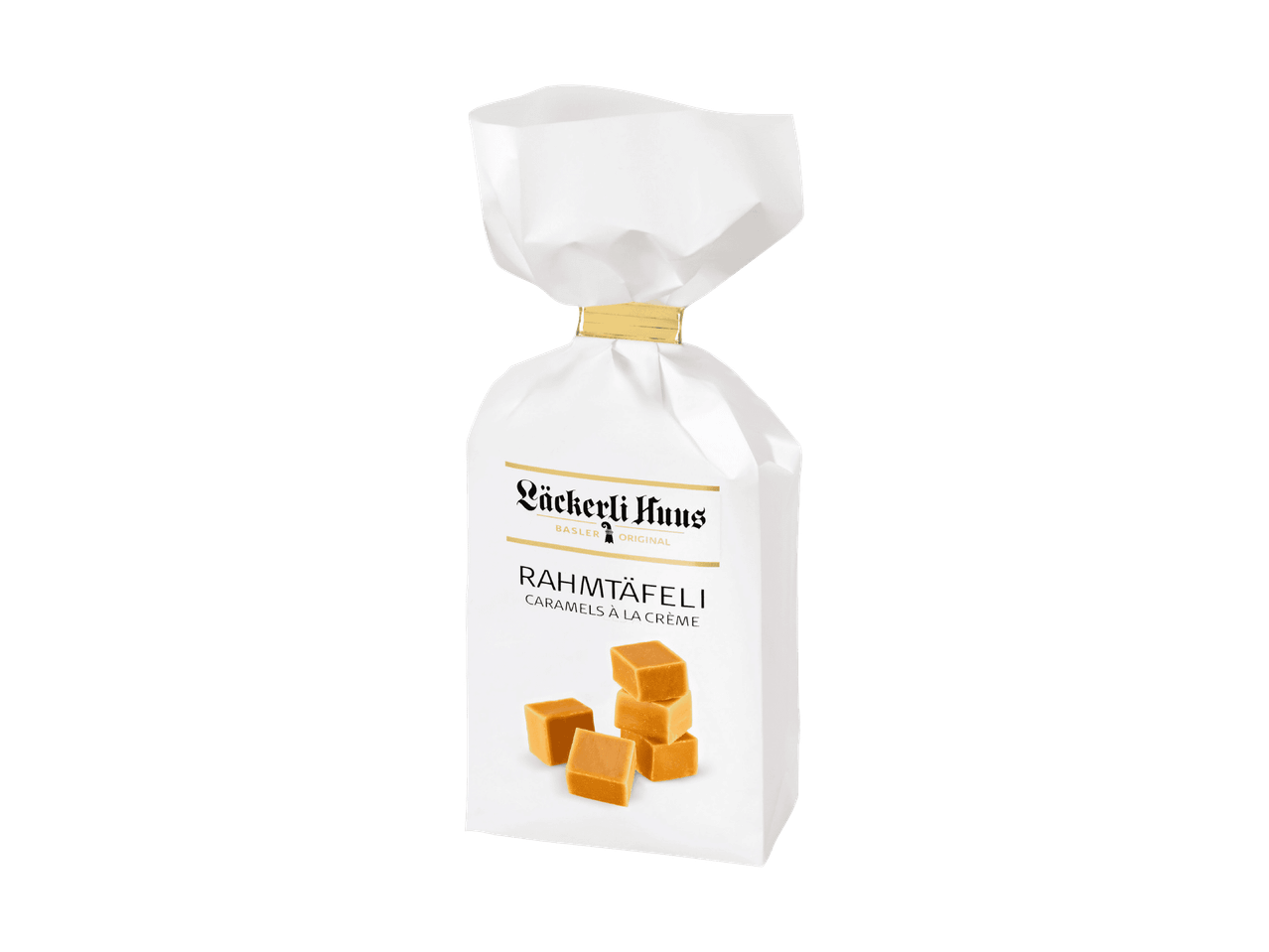 Weiße Tüte Läckerli Huus Rahmtäfeli Sahnekaramellen mit gestapelten Bonbons.