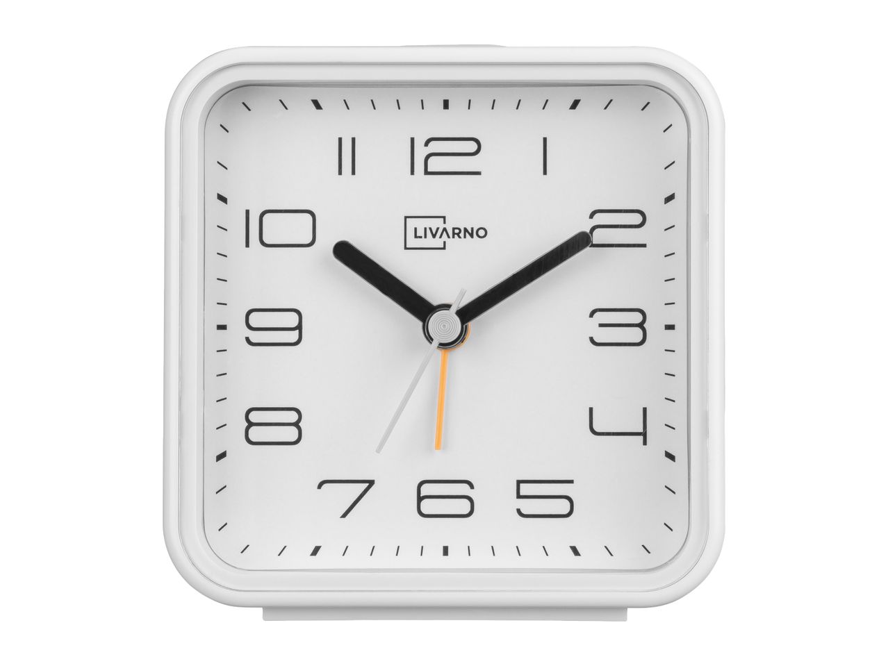White square alarm clock with black numbers and hands, and an orange second hand.