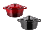 Rote und schwarze gusseiserne Töpfe mit Deckel