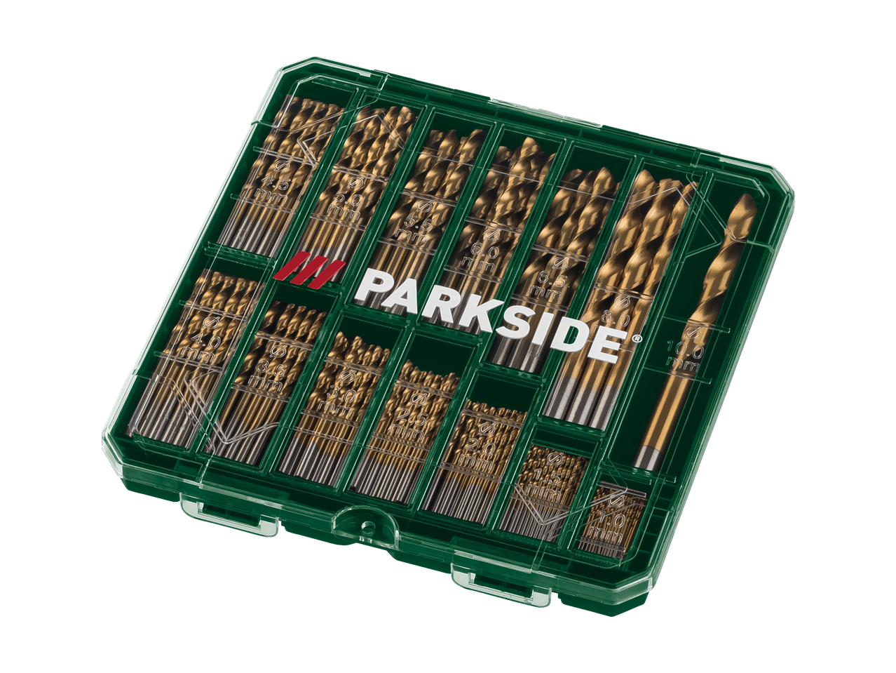 A Parkside drill bit set in a green plastic case.