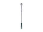 A long, silver and green extendable ratchet wrench with a black and green handle.