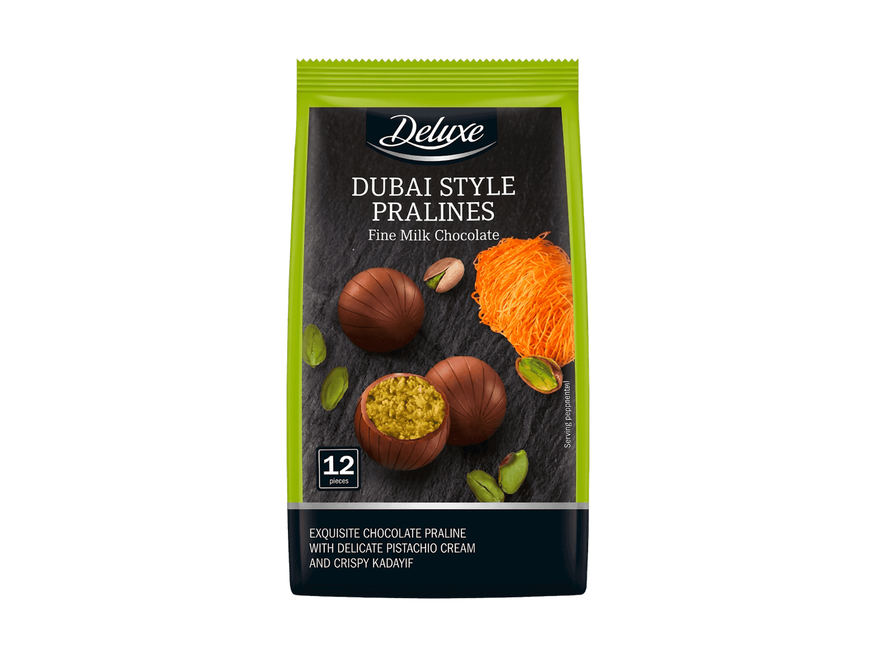Pralines au chocolat au lait avec crème de pistache et kadaif croustillant.