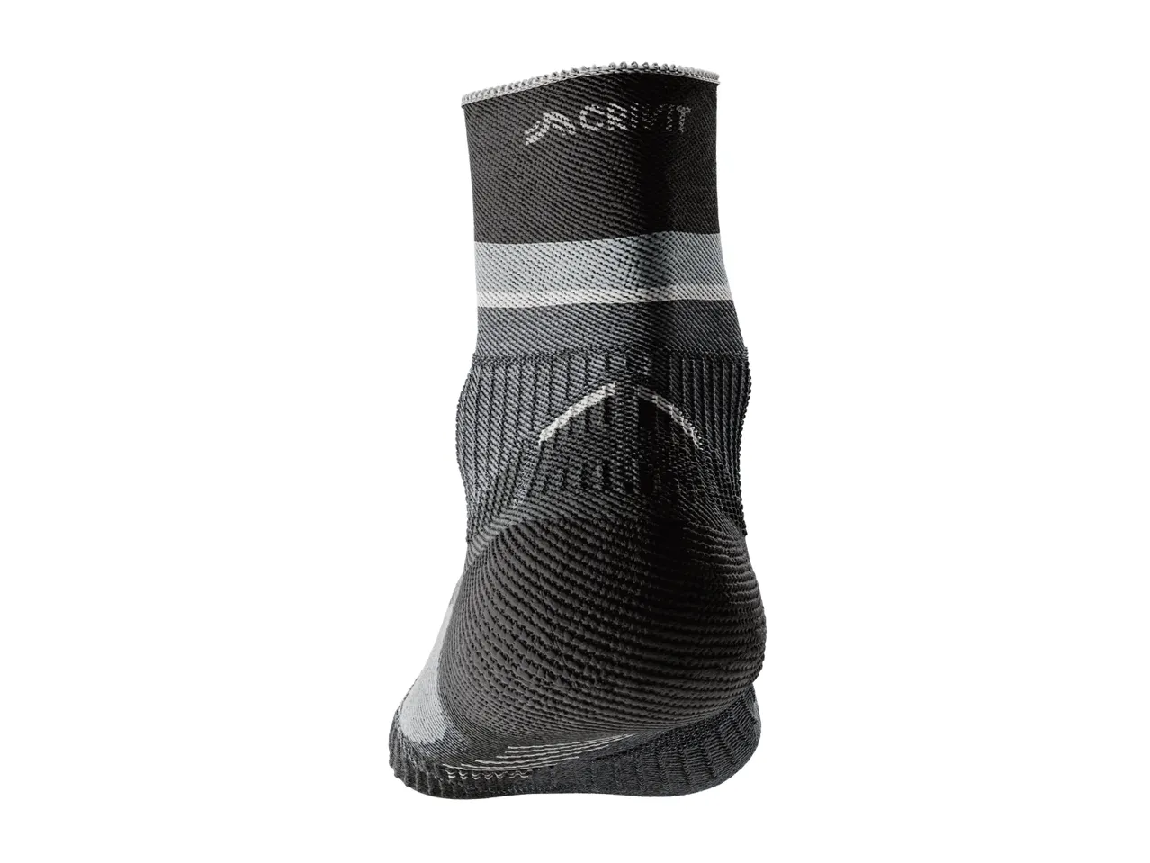 A rear view of a black and grey Crivit running sock.