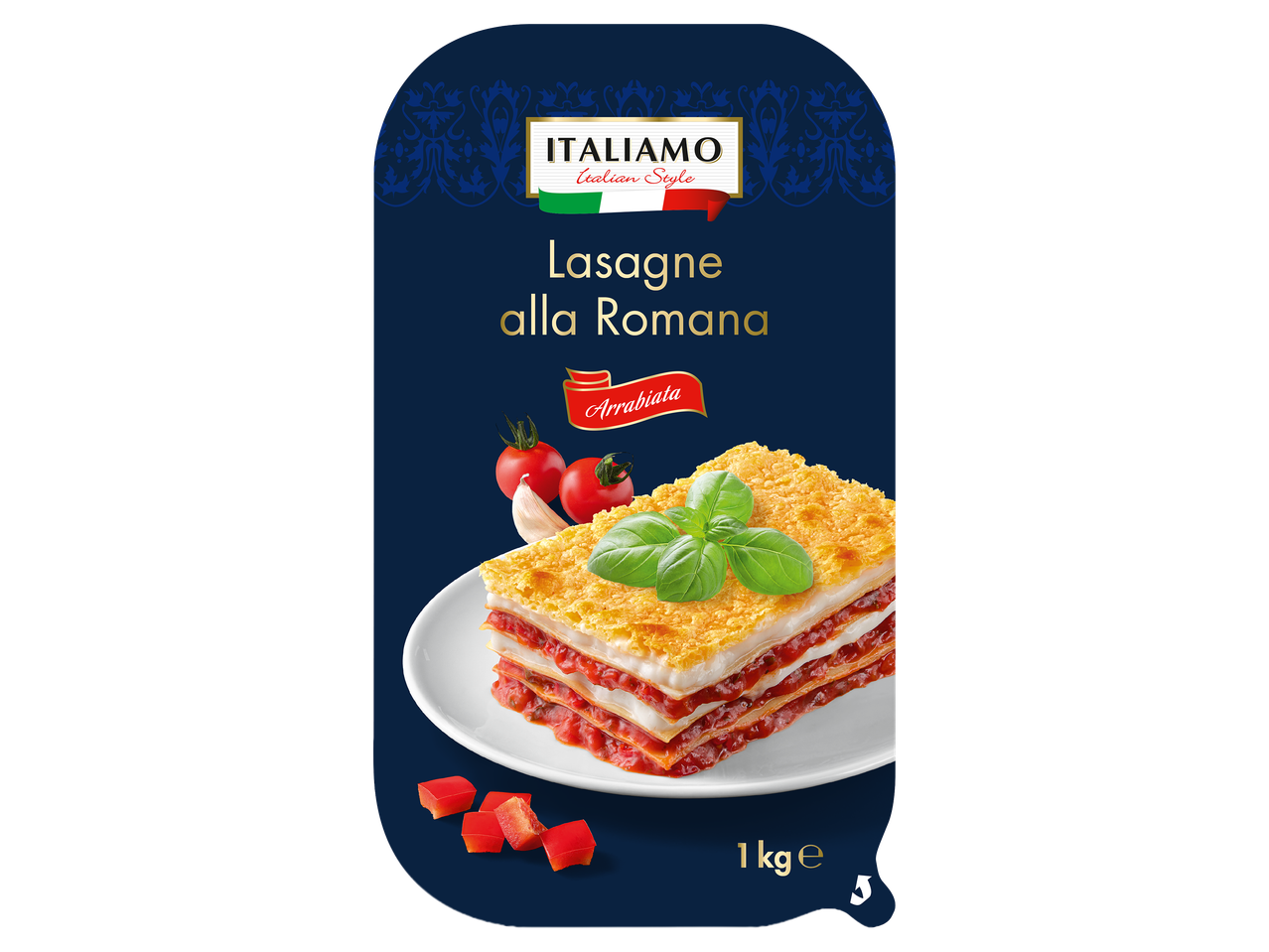 Lasagne alla Romana arrabiata szósszal, 1 kg-os kiszerelésben.