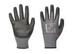 Two gray and black work gloves, one showing the palm and the other the back with branding.