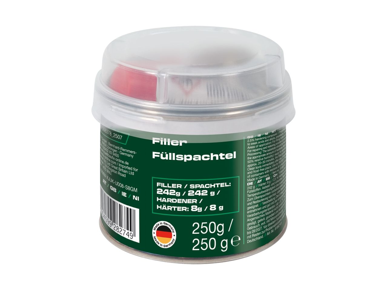 Filler and hardener for repairs, 250g total weight, made in Germany.