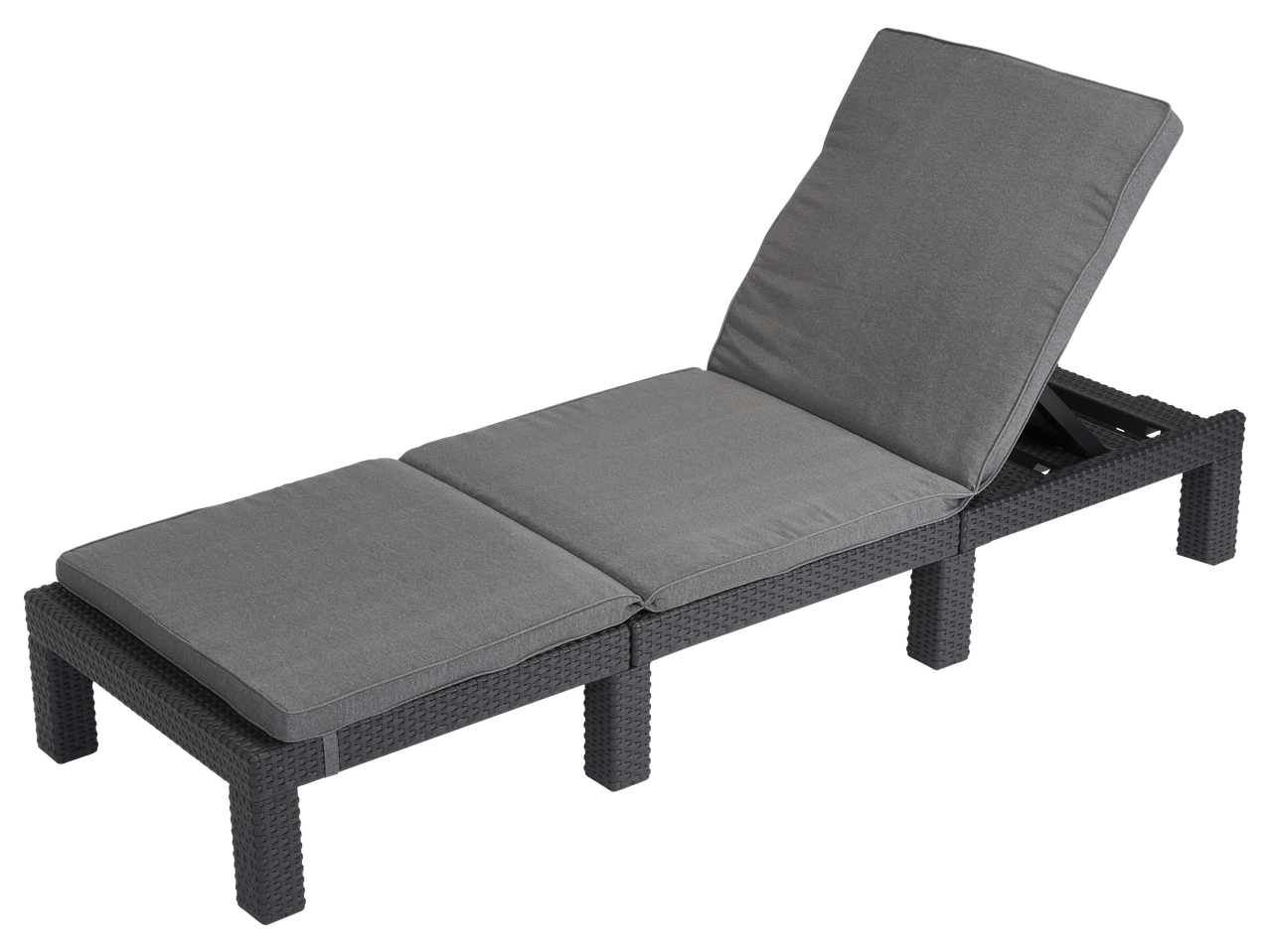 Grey rattan sun lounger with adjustable backrest and cushions on a black background