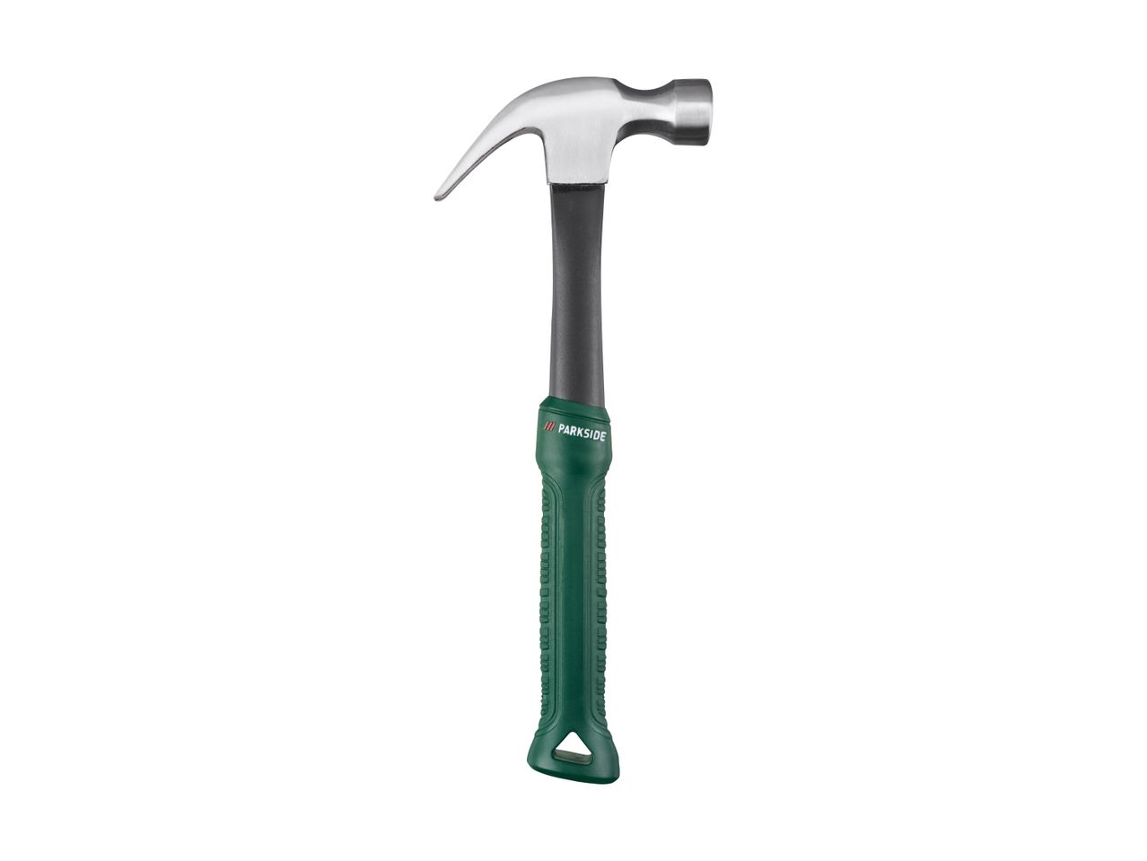 Claw hammer with a silver head, black neck, and green textured handle.