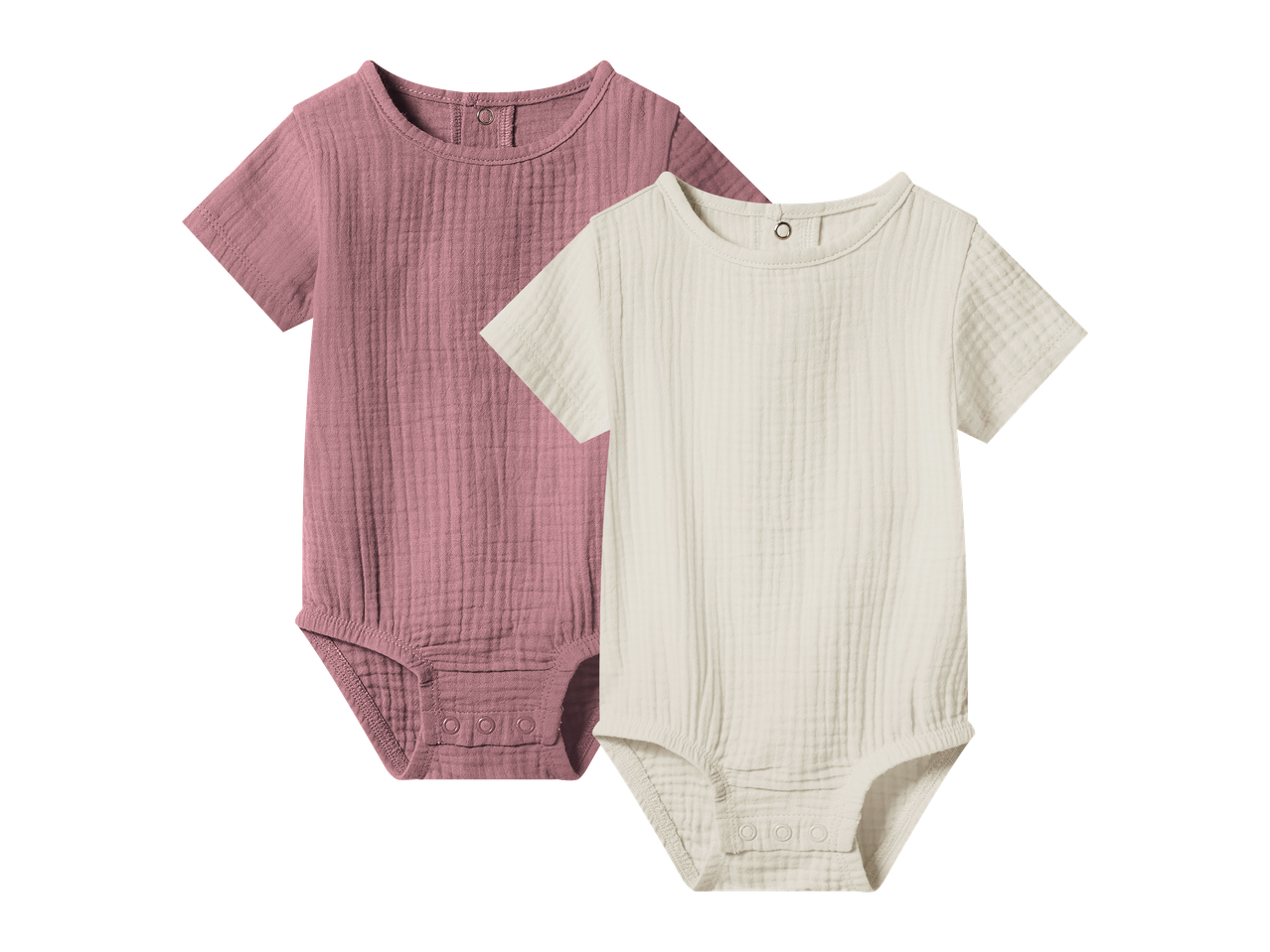 Dva dječja bodića kratkih rukava, jedan ružičasti i jedan bež, od muslina.