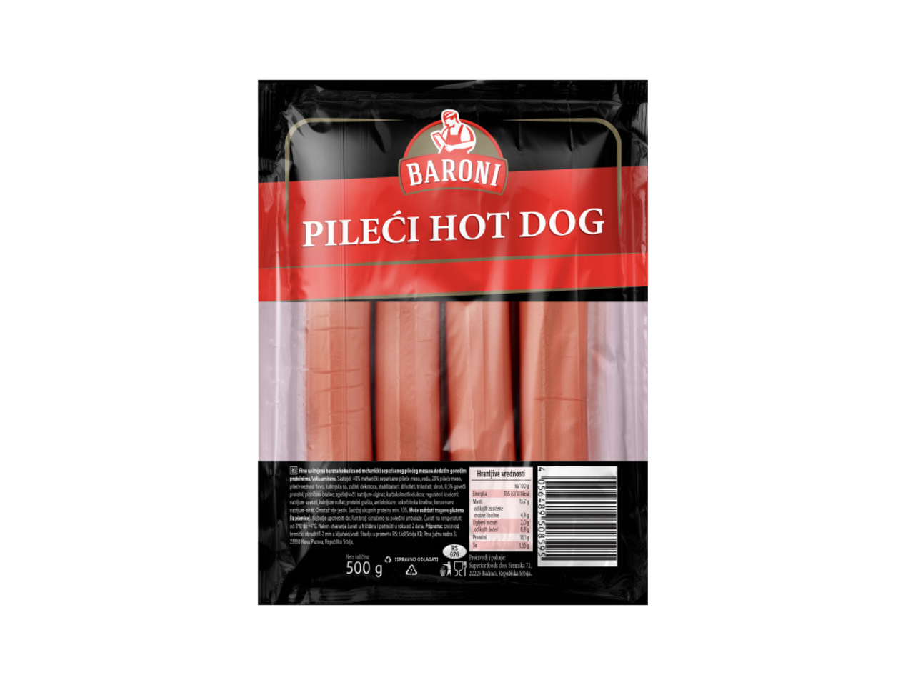 Baroni pileći hot dog u pakovanju od 500g.