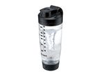 A clear electric protein shaker bottle with a black lid and base, showing water swirling inside.