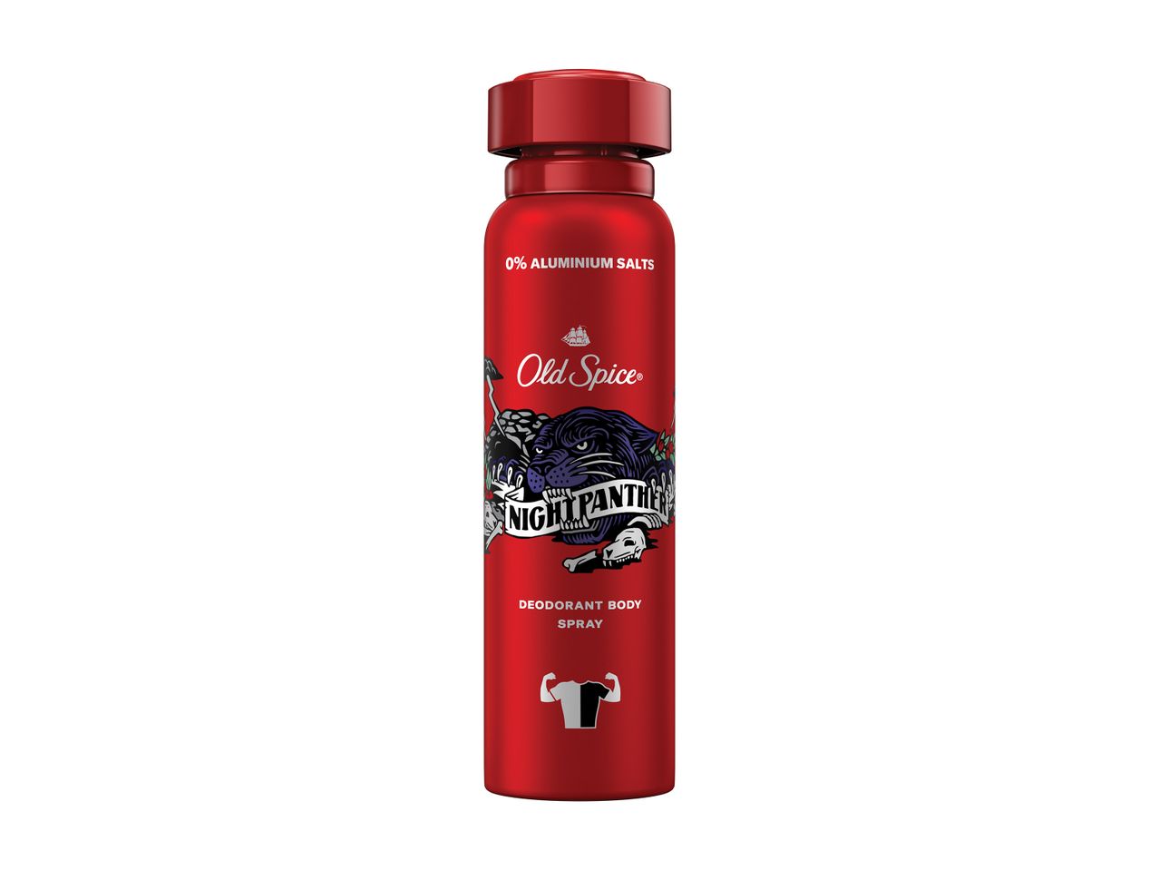 Κόκκινο σπρέι αποσμητικού Old Spice Night Panther με μαύρο πάνθηρα.