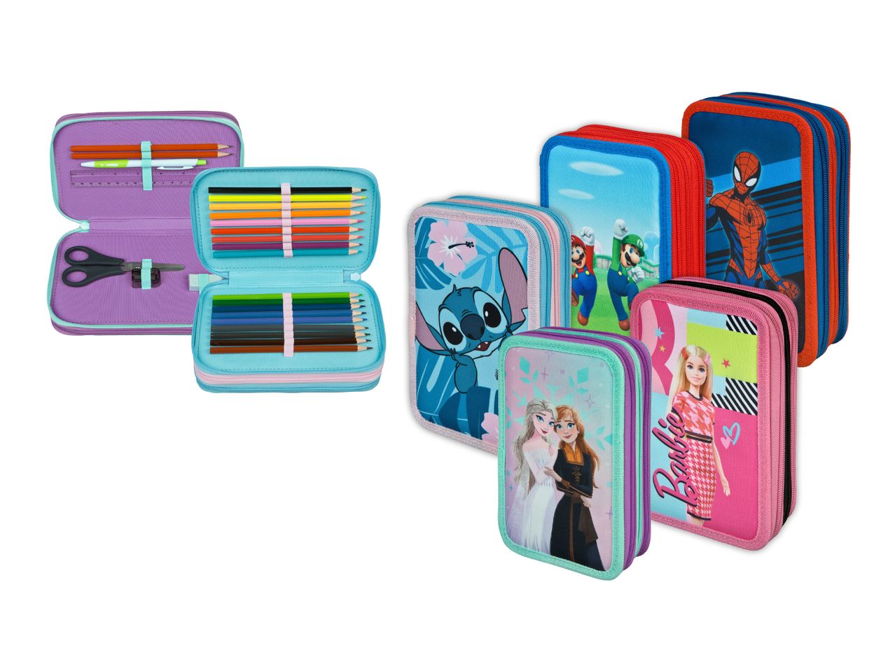 Daugialypės raštinės dėžutės su 'Stitch', 'Mario', 'Spider-Man', 'Frozen' ir 'Barbie' motyvais.
