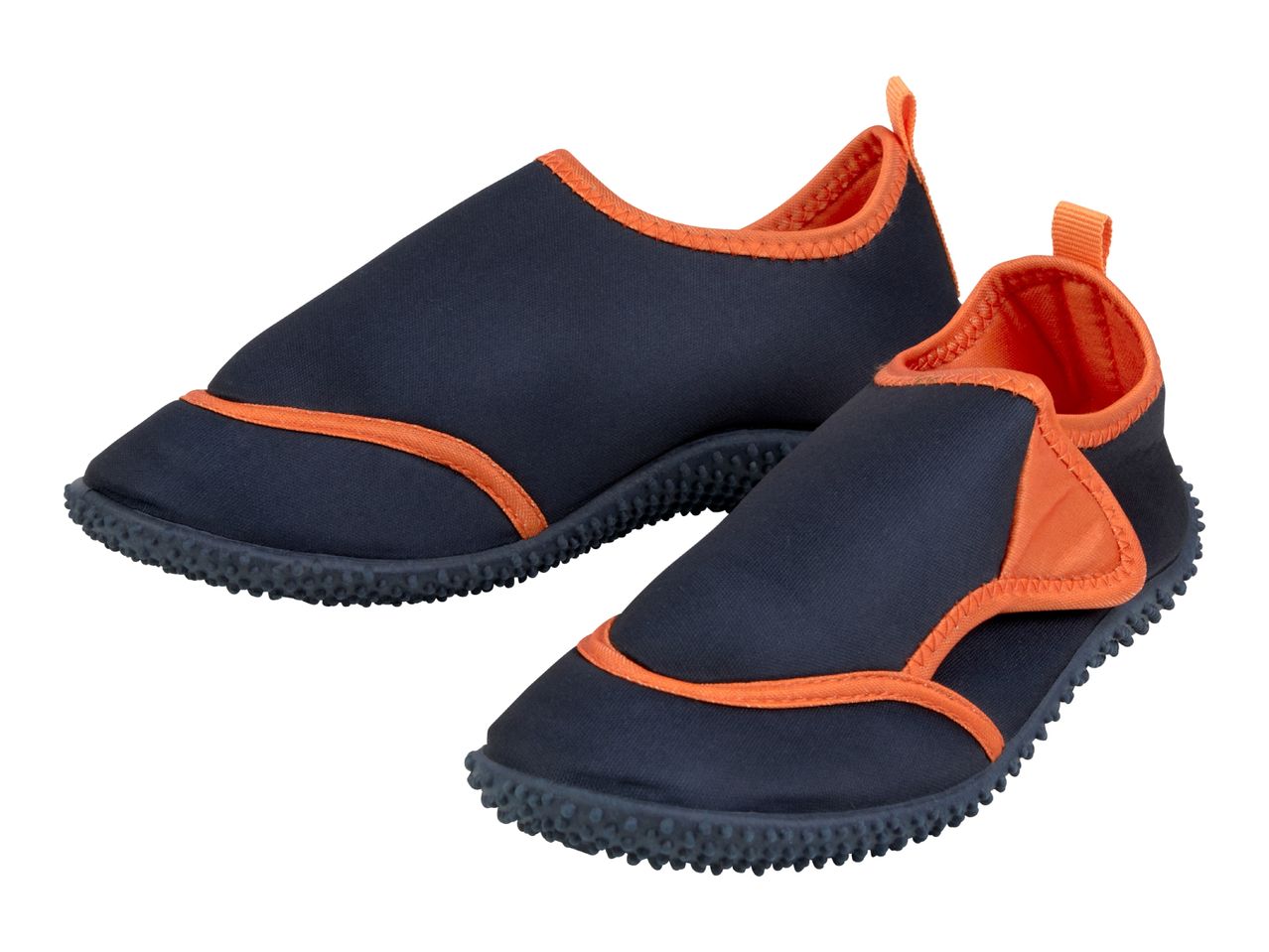 Pair of dark blue and orange water shoes with textured soles.