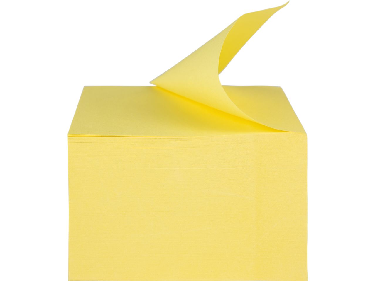 A cube of yellow sticky notes with one note peeled back.