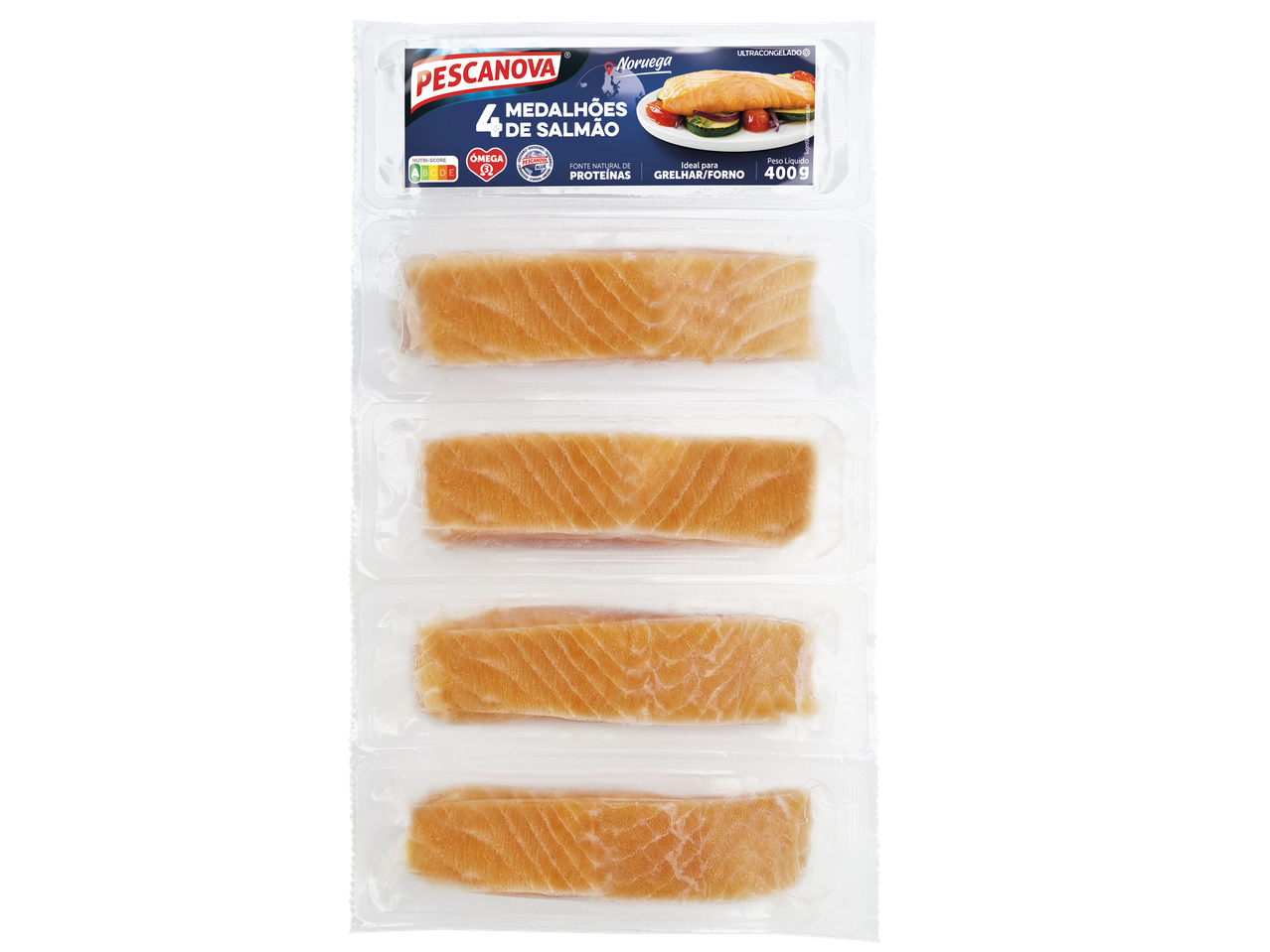 Embalagem de 4 medalhões de salmão ultracongelados, 400g, ideal para grelhar/forno.