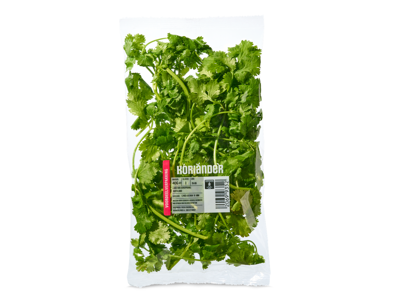 Verpakking met verse koriander, 40g, uit Duitsland.