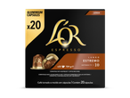 Een doos met 20 aluminium koffiecapsules, Lungo Estremo, intensiteit 10, compatibel met Nespresso-machines.