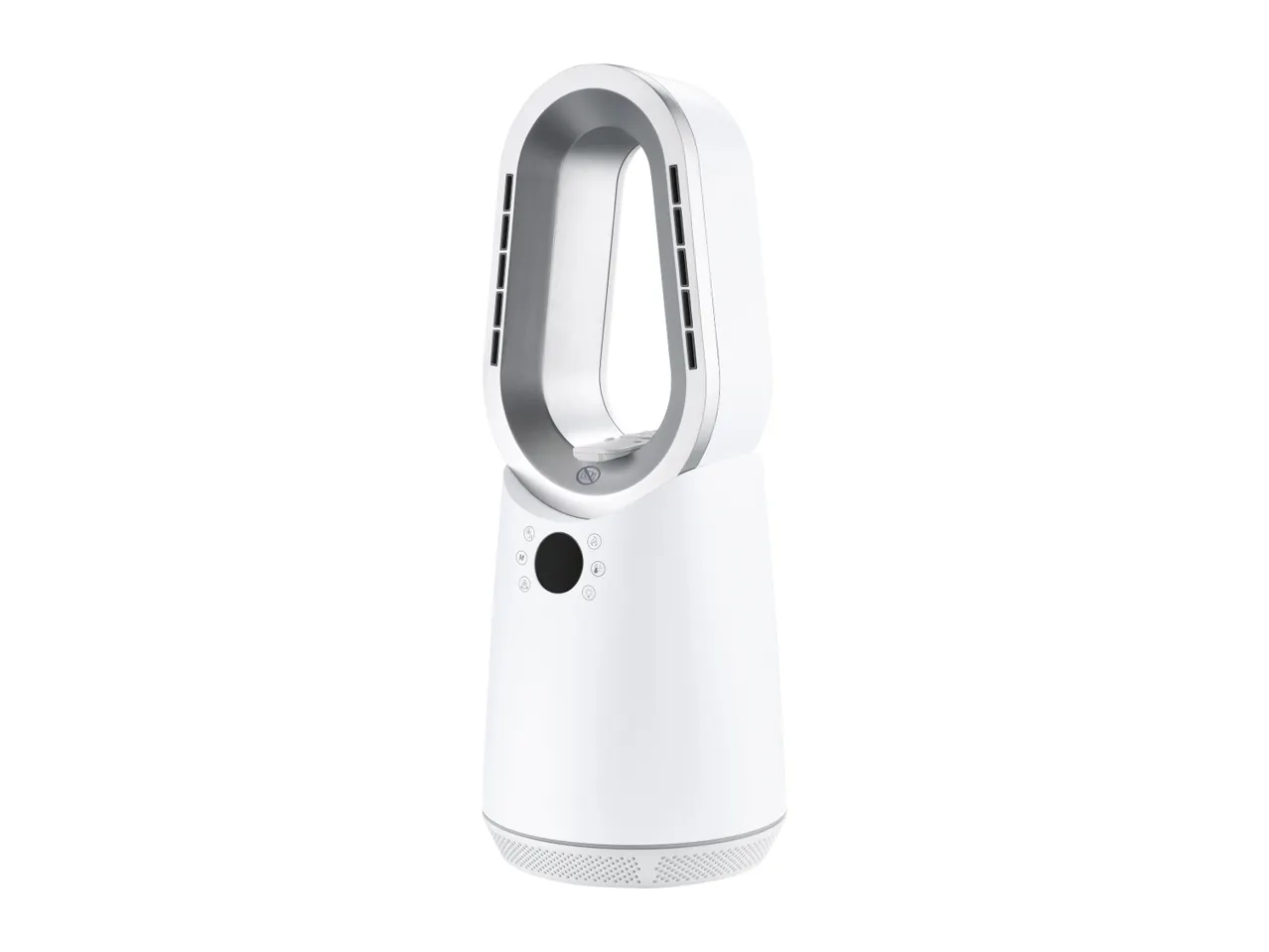 White and silver bladeless fan heater with digital display