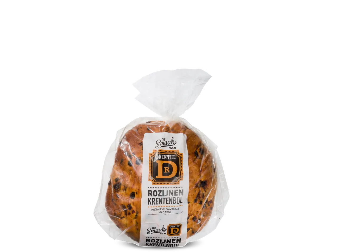 Drentse rozijnen krentenbol in plastic verpakking met label